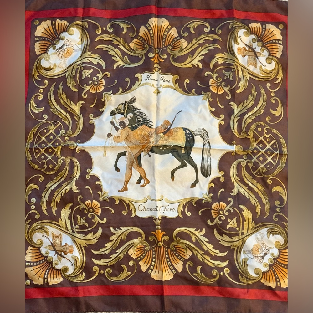 AUTHENTIC ✨🤎Hermès “Cheval Turc” 100% Silk Scarf - Brown/Gold WITH BOX